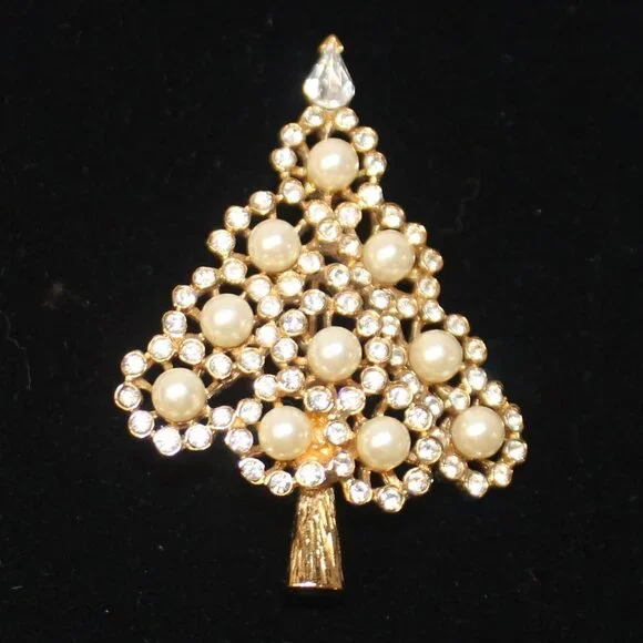 Napier Pearl and Crystal and Golden Christmas Tree Brooch - Picture 2 of 8